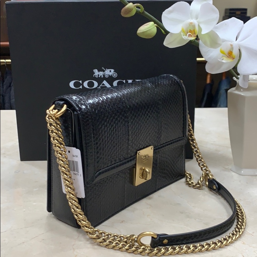 LAST COACH HUTTON GENUINE SNAKESKIN SHOULDER HANDBAG IN BLACK/CHUNKY GOLD CHAIN - Picture 2 of 16